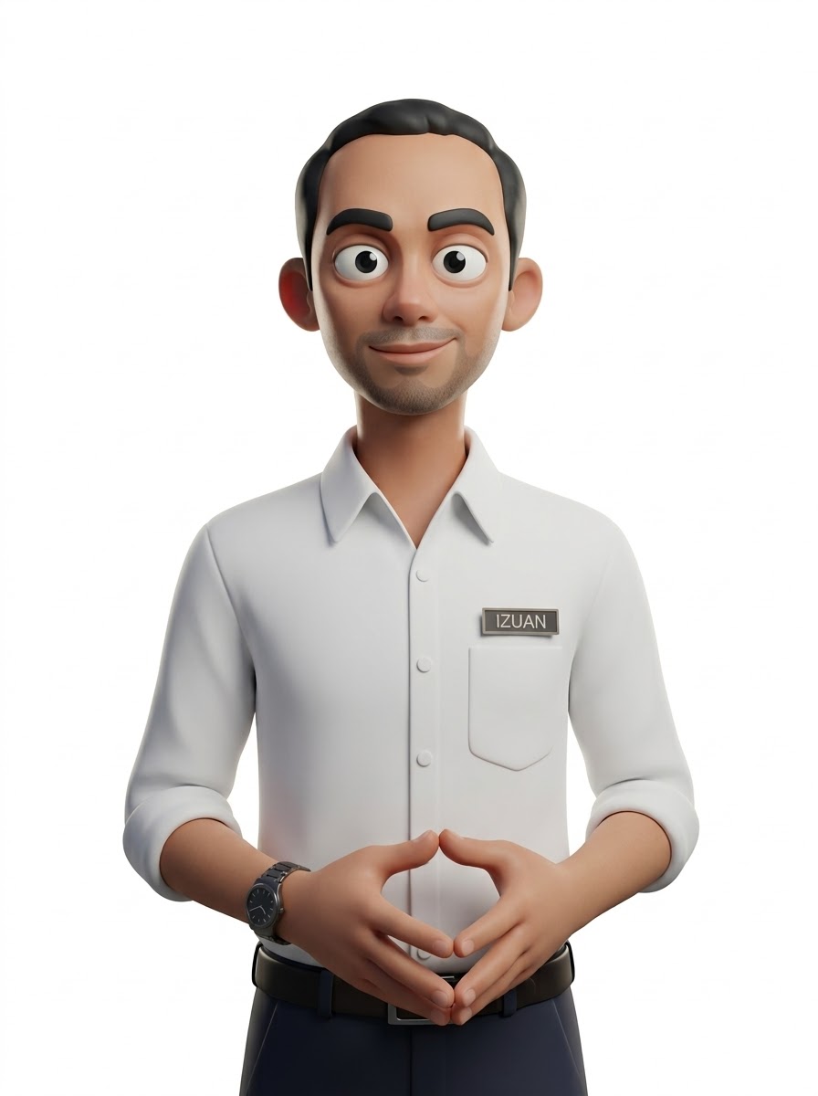 Izuan’s character with dark hair, a white shirt, IZUAN name badge and clasped hands